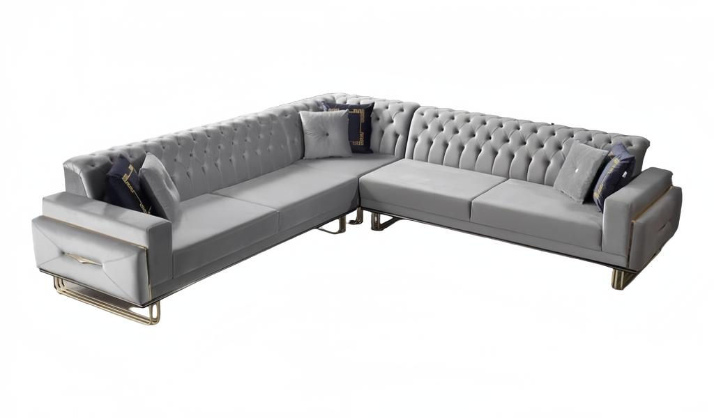 Sofa Couch Polsterung L-Form Wohnzimmer Design Ecke Textil Grau Eckgarnitur