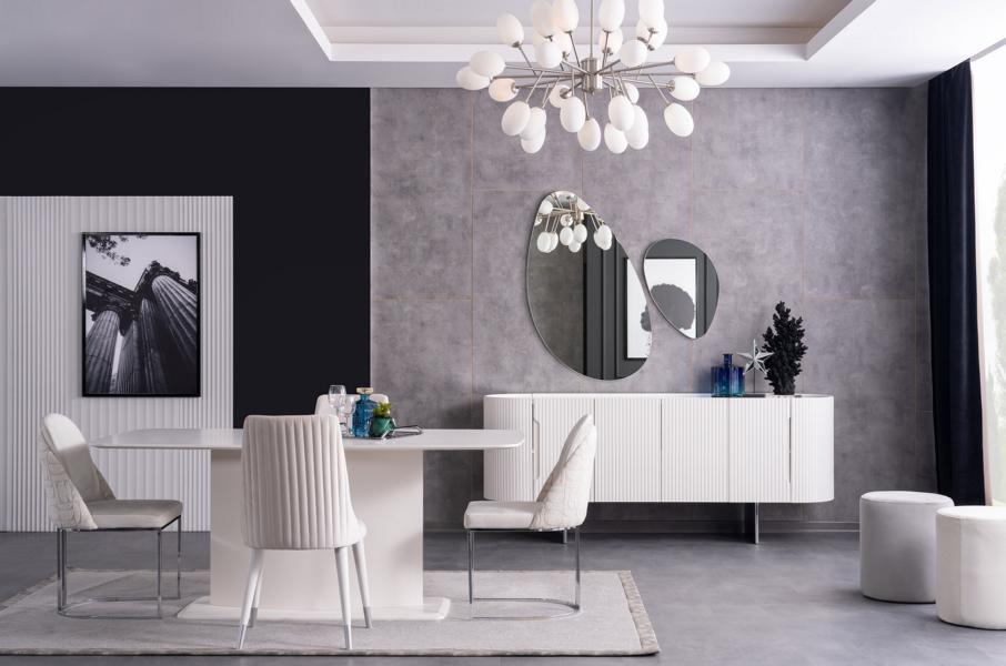 Designer Esszimmergruppe Esstisch 4x Stühle Sideboard 2x Spiegel Weiß