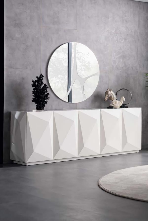 Designer Sideboard mit Spiegel Anrichte Hochglanz Weiß Marmoroptik Holz