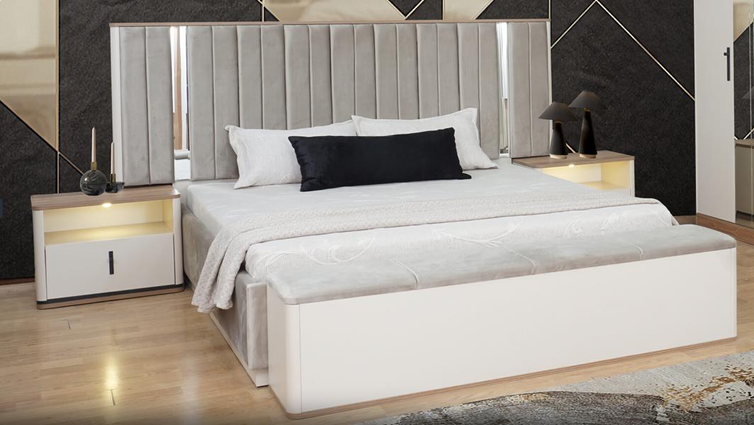 Doppelbett Bett Bank Nachttische Mit Beleuchtung Beige Schlafzimmer Möbel 4tlg