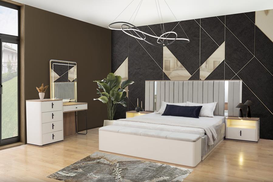 Schlafzimmer Komplett Kommode mit Spiegel Bett Nachttische Bank Beige 5tlg