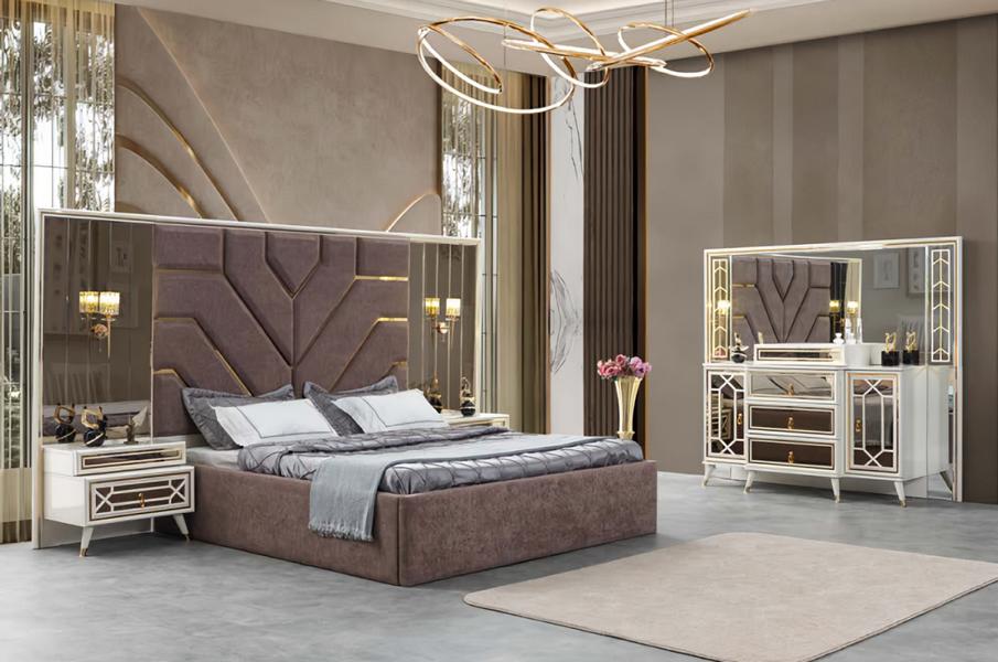 Bett Kommode mit Spiegel 2x Nachttische Edelstahl Gold Luxus Möbel 4tlg