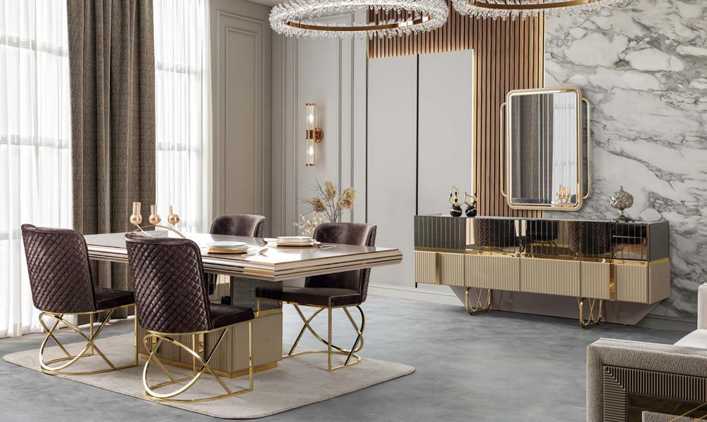 Esszimmer Komplett Sideboard mit Spiegel Esstisch 4x Stühle Luxus Gold