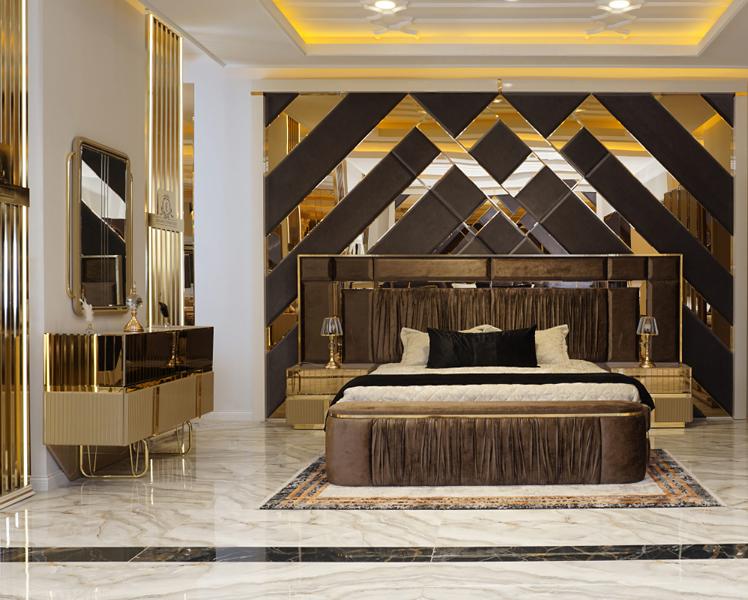 Luxus Schlafzimmer Set Bett 2x Nachttische Bank Kommode Spiegel Edelstahl 6tlg