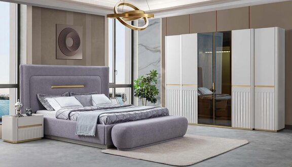 Schlafzimmer Set Kleiderschrank Bett 2x Nachttische Sitzbank Violett Komplett