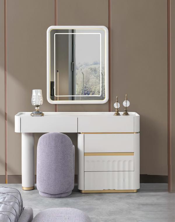 Pouf Schminktisch mit Spiegel Luxus Schlafzimmer Komplett Weiß Lila Gold