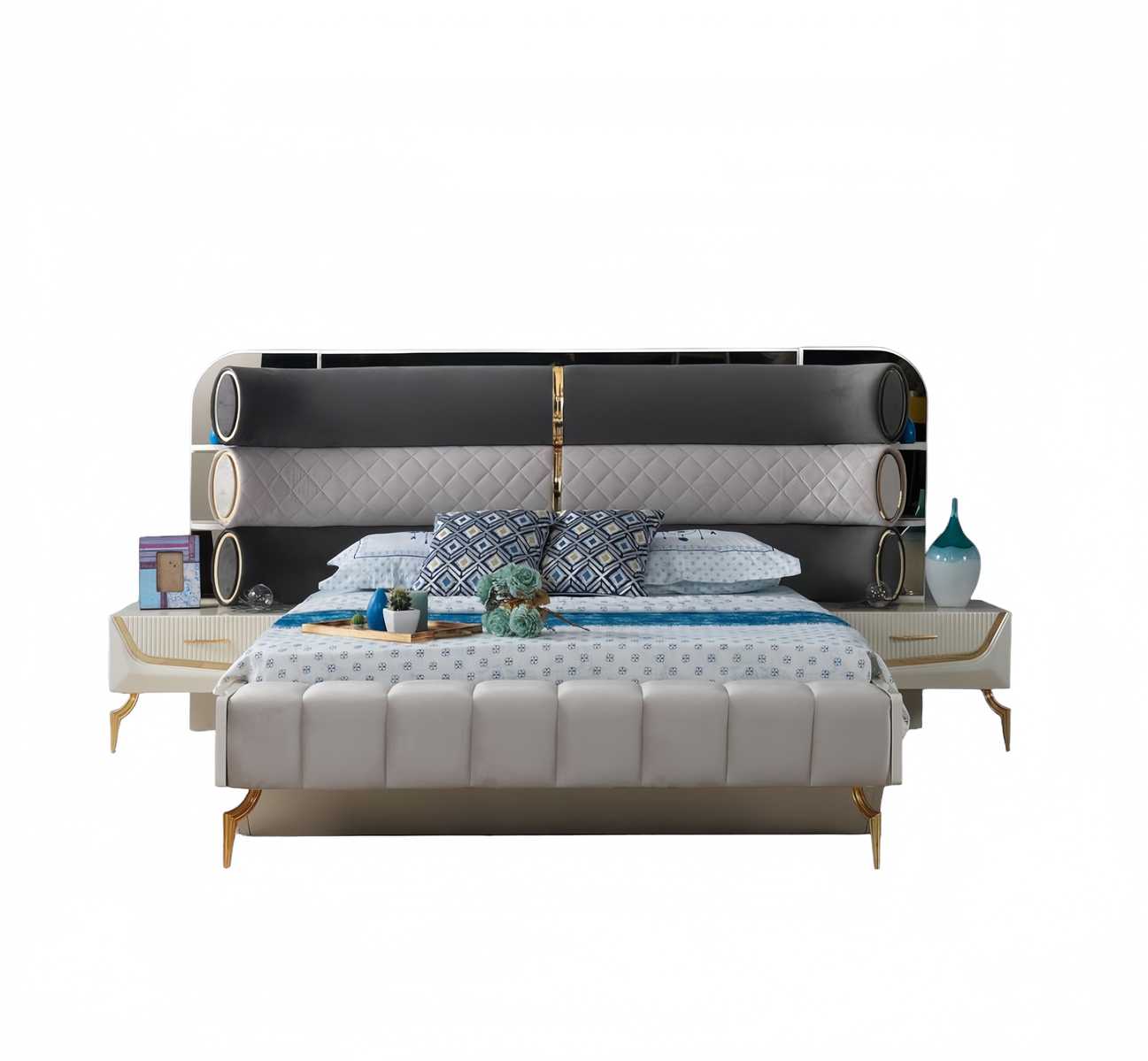 Modern Bett 2x Nachttische Modern Schlafzimmermöbel Holzgestell Design Möbel