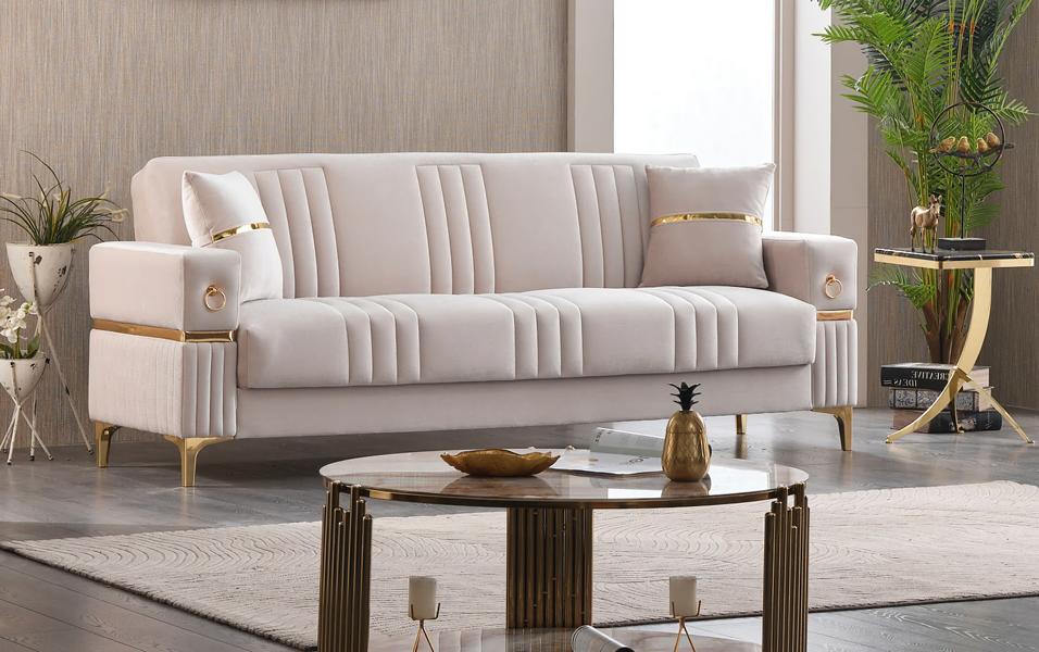Luxus Dreisitzer Polstersofa Couch 3 Sitzer Stoffsofa Beige Sofa New