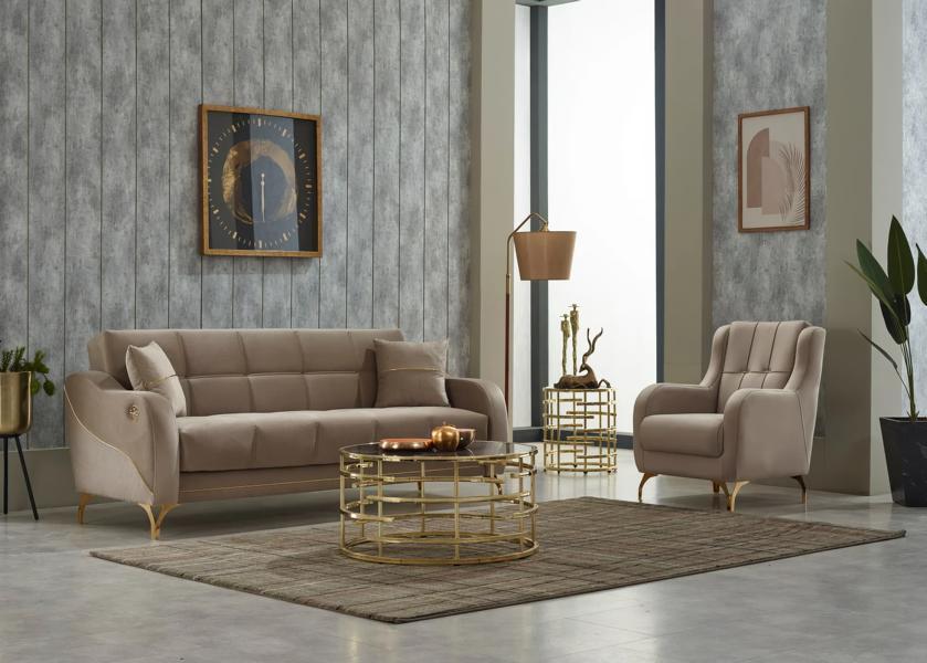 Sofagarnitur Dreisitzer Sessel Polstersofa Stoffsofa Beige 2tlg Couch