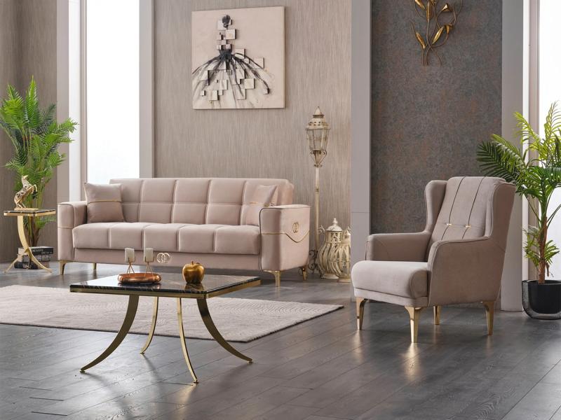 Sofagarnitur Dreisitzer Sessel Polstersofa Beige Stoffsofa Couch Sofa