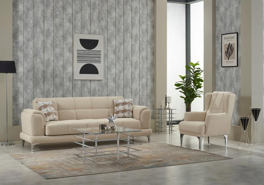 Couch Garnitur Dreisitzer 3 Sitzer Sofa Stoff Sessel Polstersofa Beige