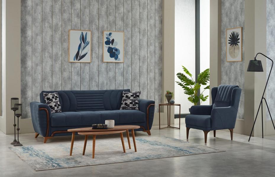 Gruppe Couch Dreisitzer Sessel 3 Sitzer Stoffsofa Polstersofa Blau Set