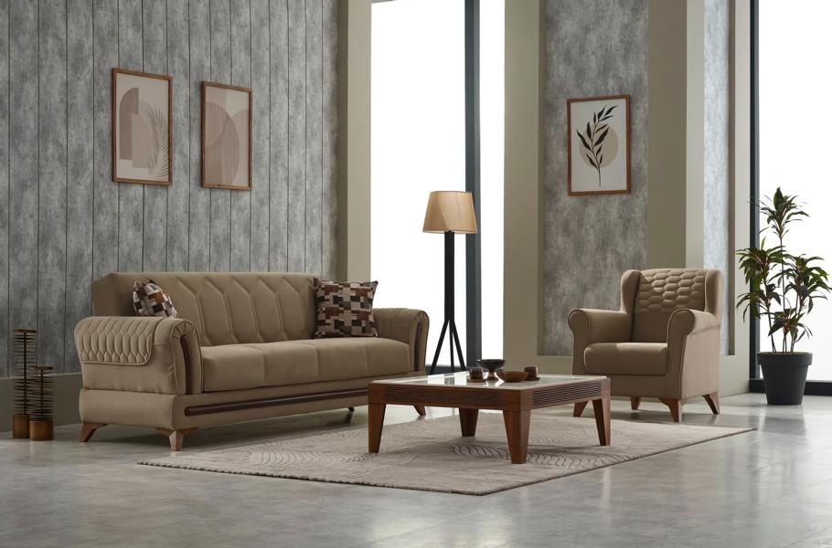 Garnitur Sofagarnitur Couch Polstersofa Dreisitzer Sessel Beige 2tlg