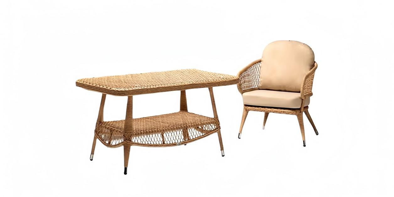 Sessel Couchtisch Garnitur Beige Terrasse Modern Sitzer Rattan stilvoll Set