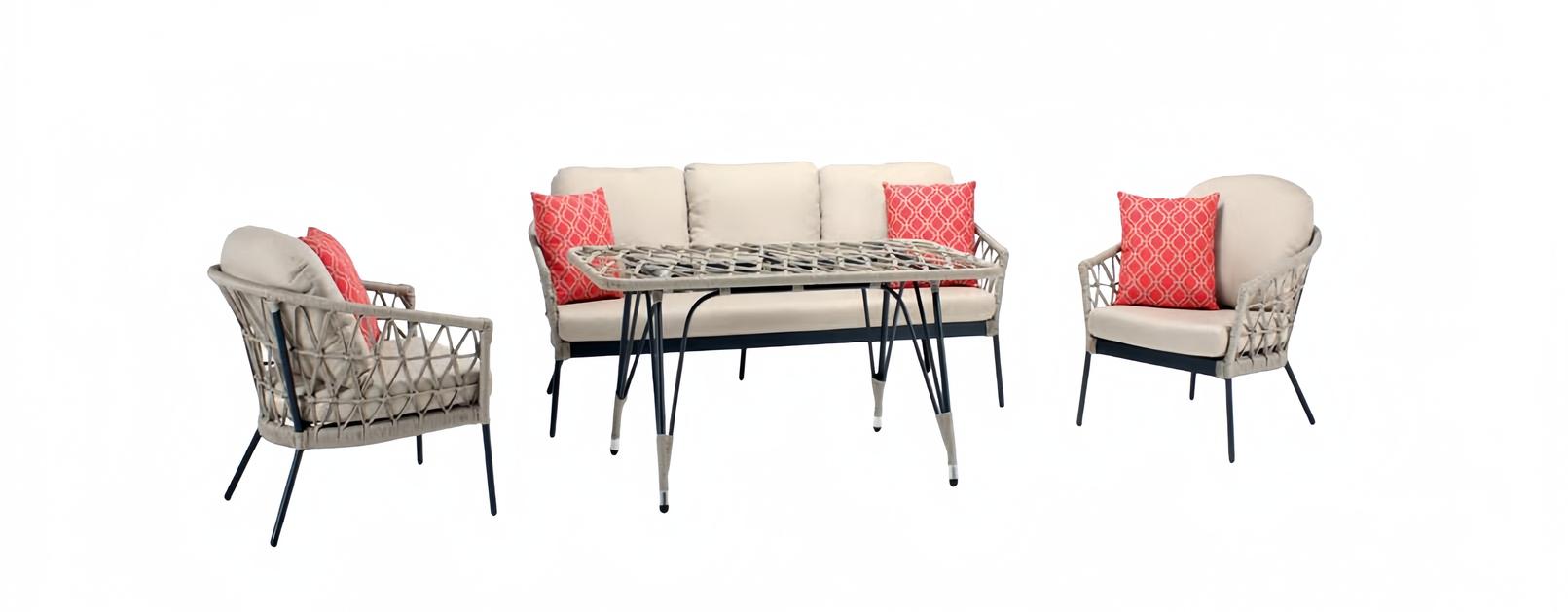 Sofagarnitur Beige Rattan Luxuriöse Sofa 3 Sitzer Moderner 2x Sessel Couchtisch