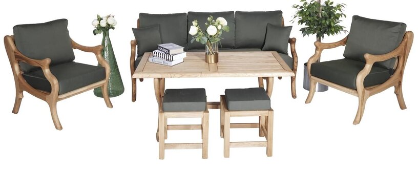 Holz Gartenmöbel Grau Textil Sofagarnitur 3+1+1 Sitzer Esstisch Terrasse Möbel