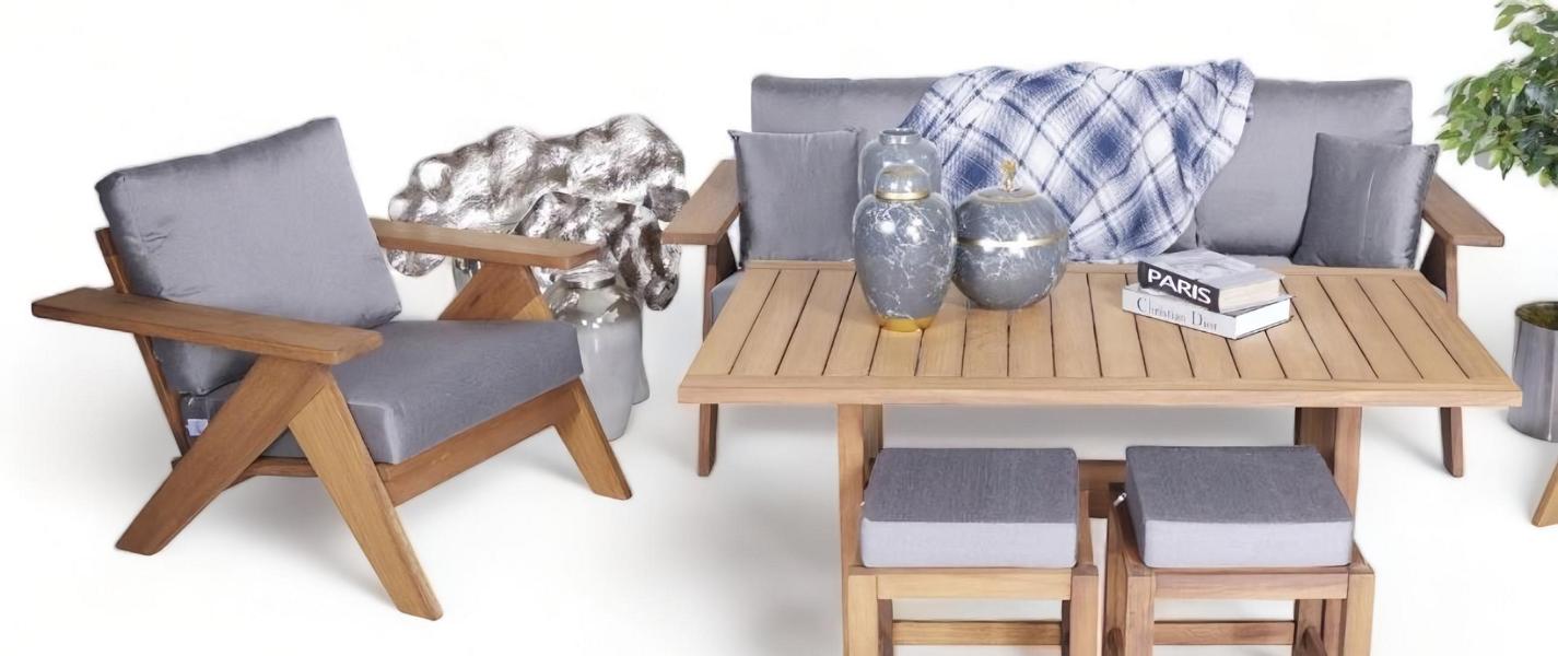 Grau-Braune Polstergarnitur Sofa Set 3+1 Gartenmöbel Moderner Esstisch 3tlg