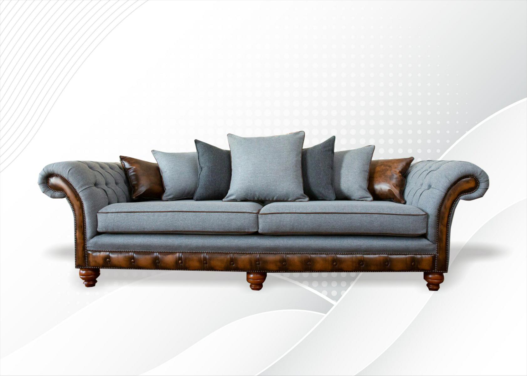 Wohnzimmer Möbel Stoff Textil Grau Chesterfield Dreisitzer Sofa Couch Polster