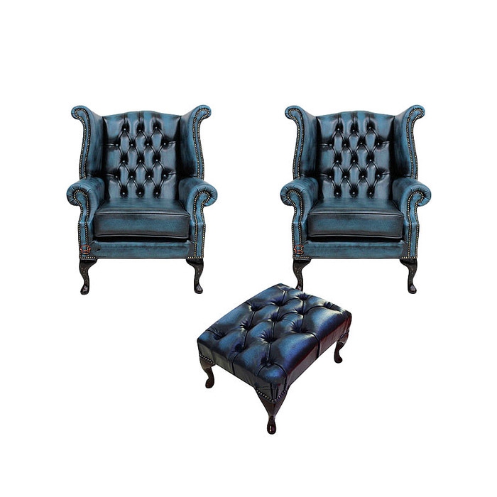 Ohrensessel Couch Ledersofa Textil Sofa Polster Fernseh Sessel Garnitur + Hocker