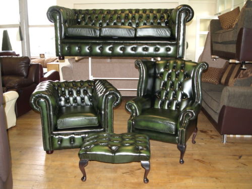 Sofagarnitur Chesterfield Ledersofa Sofa Couch Set Ohrensessel Hocker BIRKENHEAD