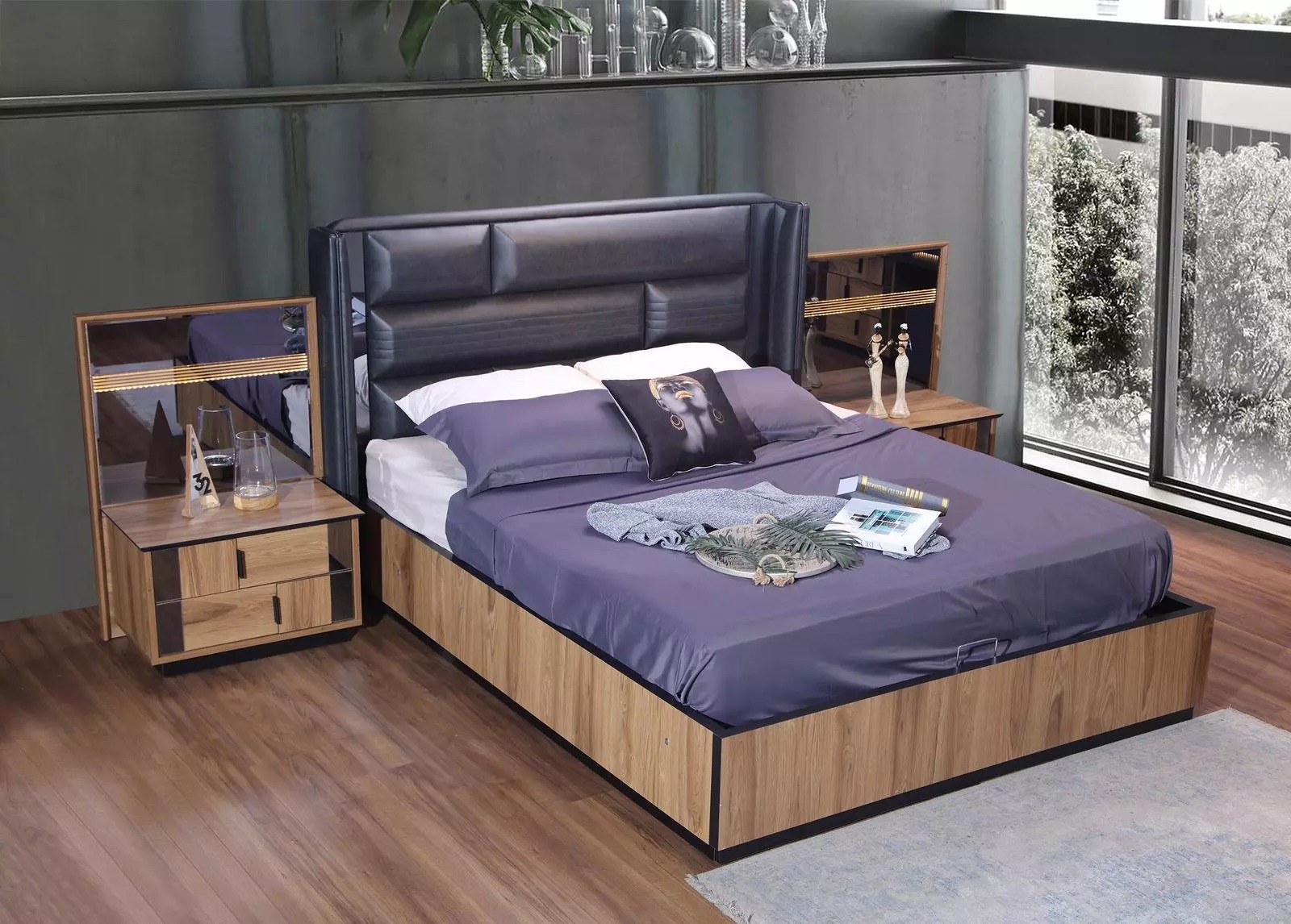 Braunes Schlafzimmer Set Designer Set Doppelbett 2x Nachttische Holz