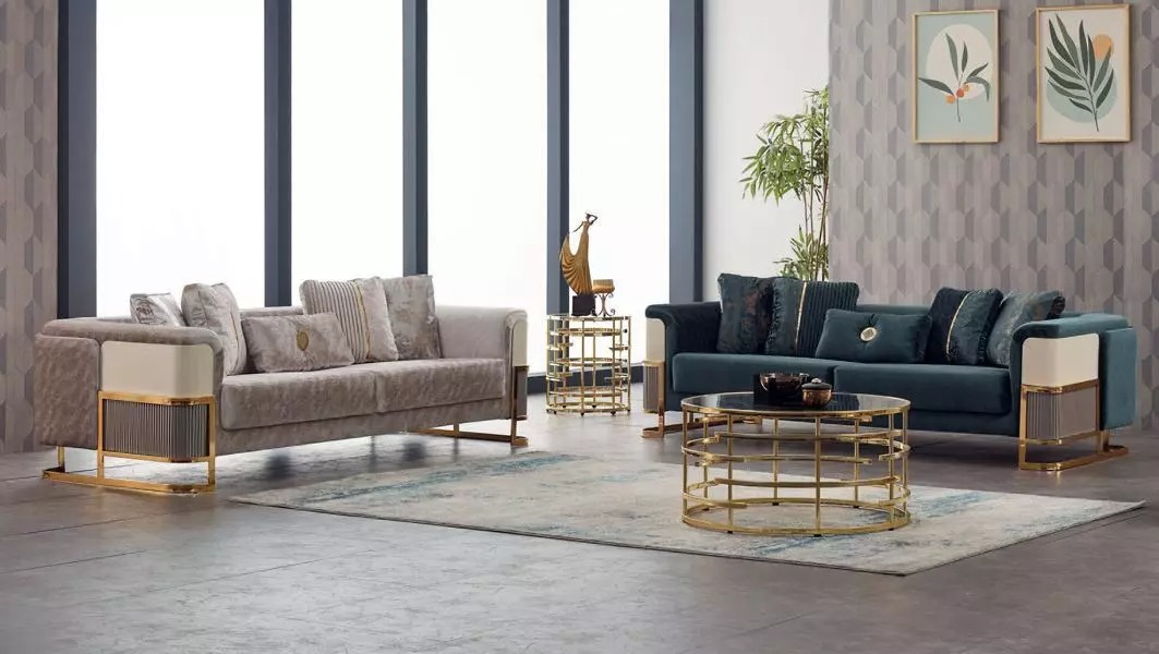 Sofagarnitur Sofas Couchen Polstersofa Dreisitzer Luxus Beige Stoff