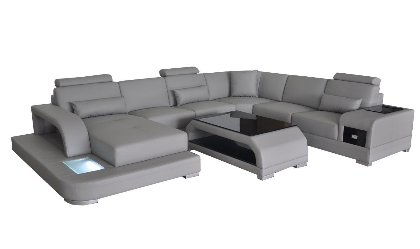 Ledersofa Wohnlandschaft Ecksofa Sitzecke Sitzgarnitur Sofa Couch + USB + Tisch