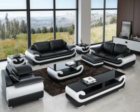 Klassische Ledersofa Garnitur Komplett Set 8 tlg. Wohnzimmer Set Tisch Hocker Sofort