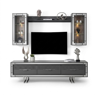 Wohnwand TV Ständer Schranke Couchtisch RTV Lowboard Grau Set 3tlg Sofort