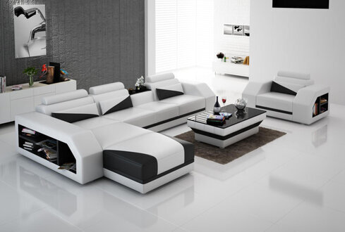 Ledersofa Couch Wohnlandschaft Ecksofa + Sessel Eck Design Modern Sofa LED USB