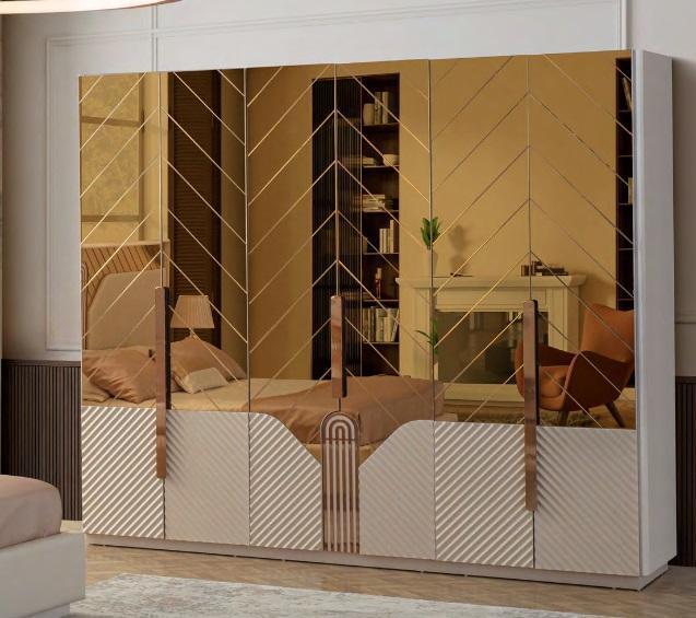 Moderner Beiger Kleiderschrank 6-türiger Schlafzimmer Schrank Holz Möbel