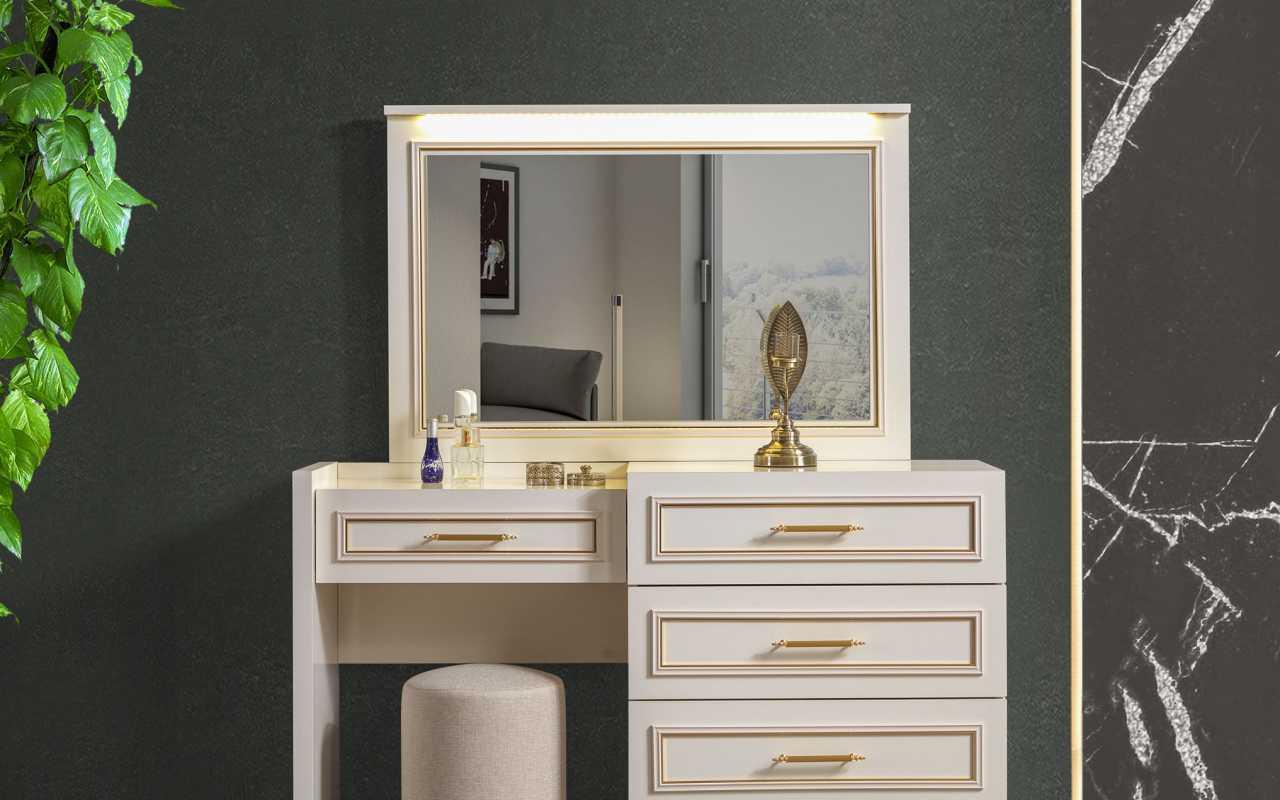 Edle Schlafzimmer Möbel Weißer Schminktisch Spiegel Polsterhocker 3tlg