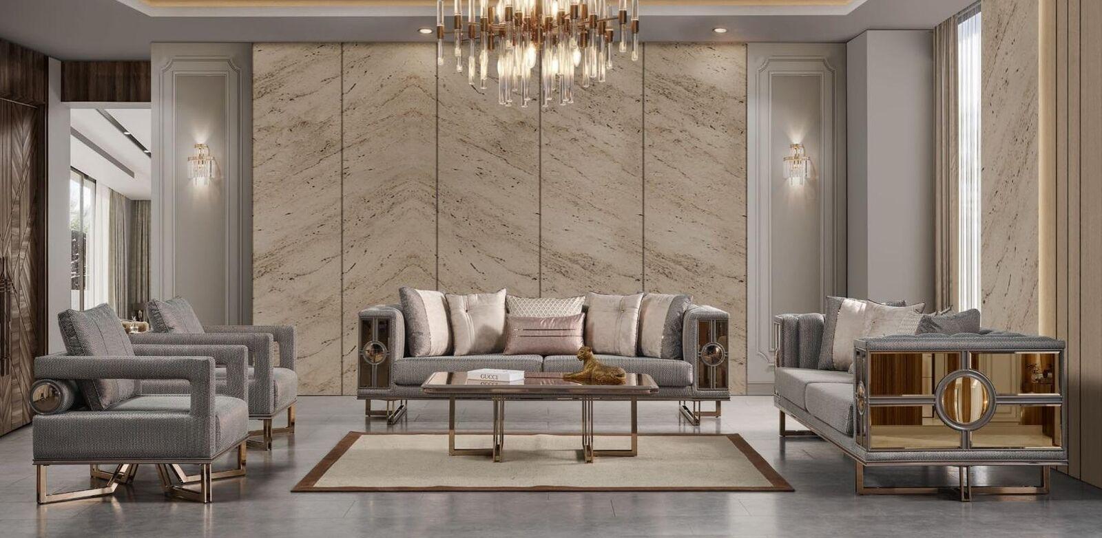 Moderne Couchgarnitur Garnitur Dreisitzer Sessel Sofa Grau Stoff 4tlg