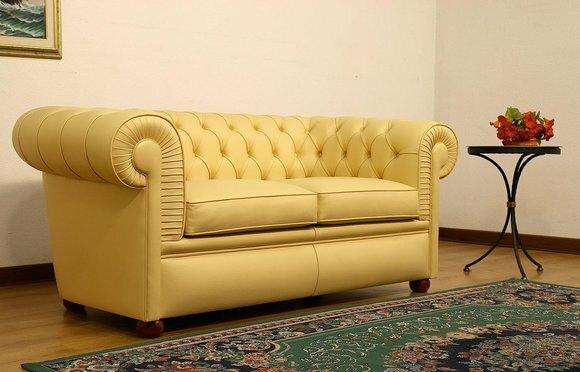 Design Chesterfield Sofa 2-Sitzer Gelb Couch Polster Leder Sofas Wohnzimmer