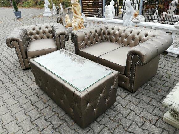 Design Chesterfield Sofagarnitur 2+1 + Couchtisch Couch Polster Gold Sofa