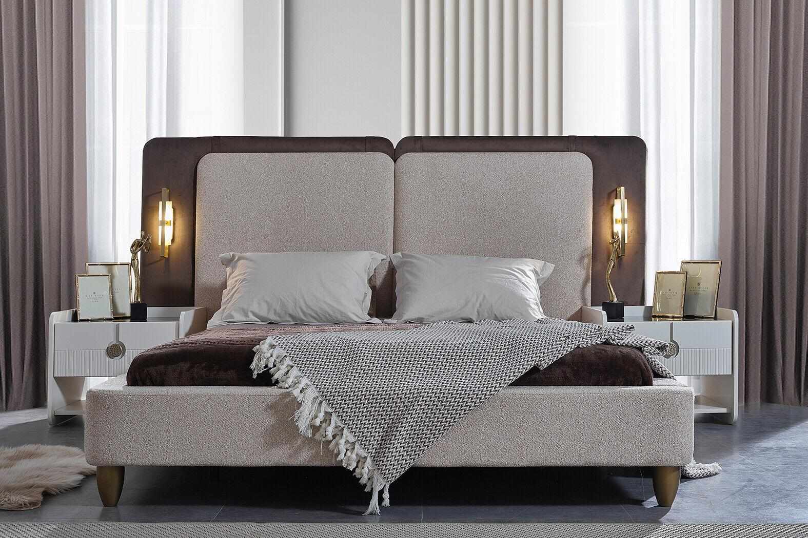 Grau-weißes Schlafzimmer Garnitur Designer Polster Doppelbett Nachttisch