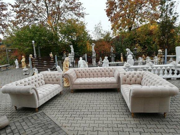 Designer Chesterfield Sofagarnitur Textil Beige 3+2+2 Couch Polster Sofa