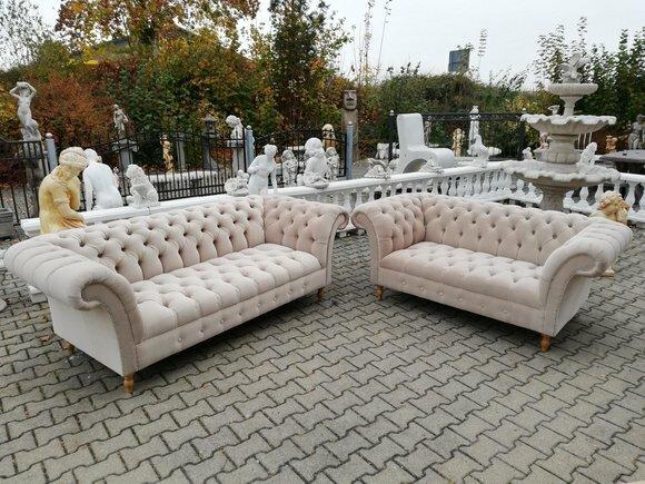Designer Chesterfield Sofagarnitur Textil Beige 3+2 Couch Polster Sitz Sofa