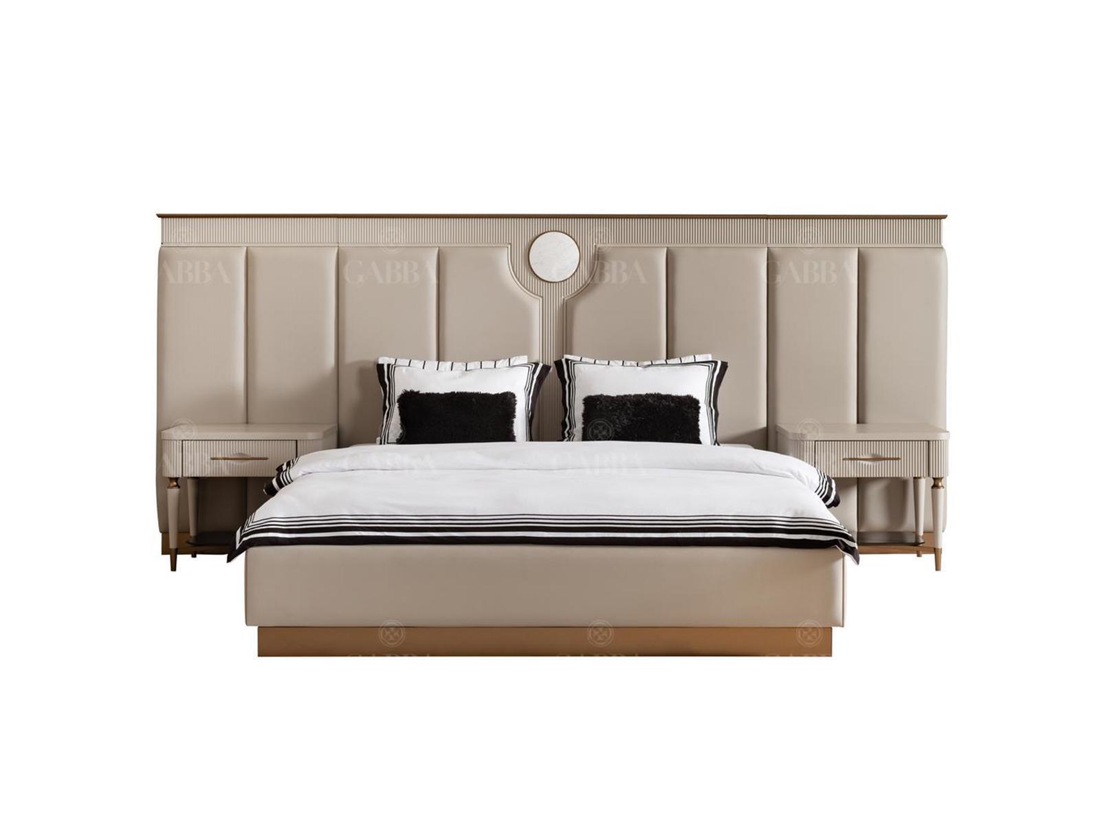 Garnitur Schlafzimmer Doppelbett Bett Nachttische Set 3tlg Beige Stoff