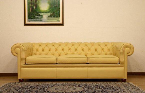 Design Chesterfield Sofa 3-Sitzer Gelb Couch Polster Leder Sofas Wohnzimmer Neu