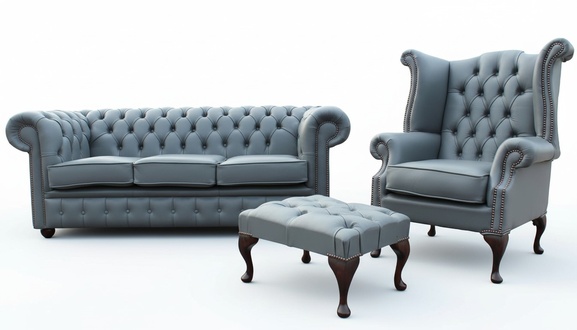 3 Sitzer Couch Ledersofa Chesterfiield + Ohrensessel Hocker 3 tlg. Sofagarnitur