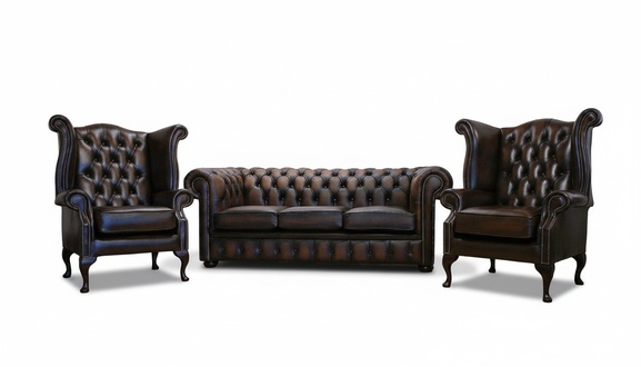 3 tlg. Sofagarnitur 3 Sitzer Couch Ledersofa Chesterfiield + 2x Ohrensessel