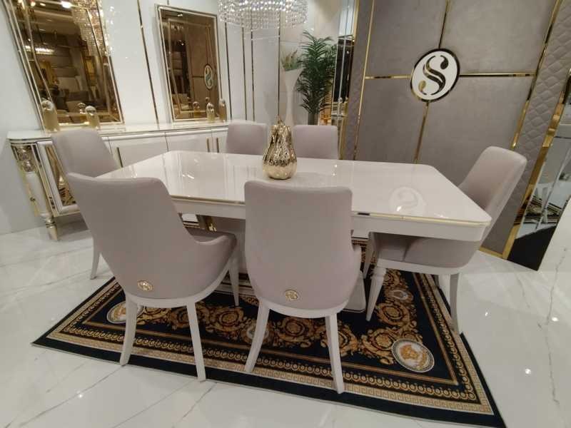 Exklusives Design Esszimmer Set Esstisch + 6x Stühle + Anrichte mit Spiegel