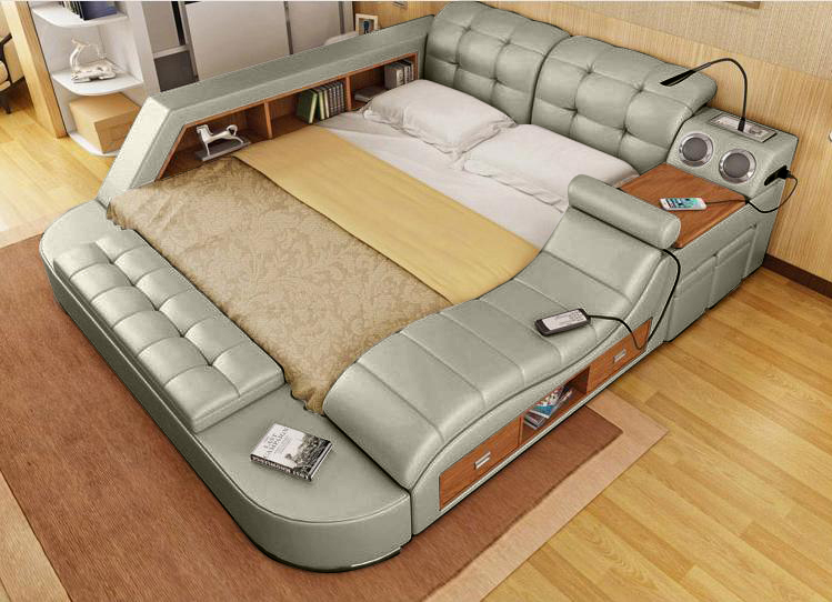 Doppel Luxus Leder Bett + USB Polster Betten Moderne Hotel Multifunktion Sofort