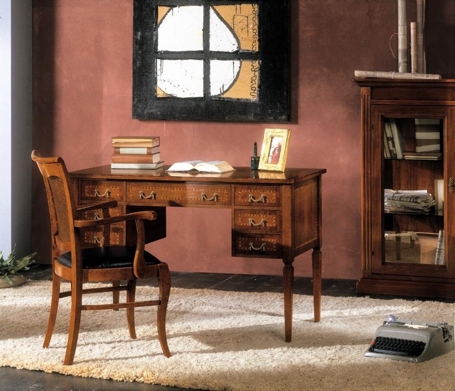 Schreibtisch und Stuhl aus Holz mit Armlehnen Bücherregal Büromöbel Design