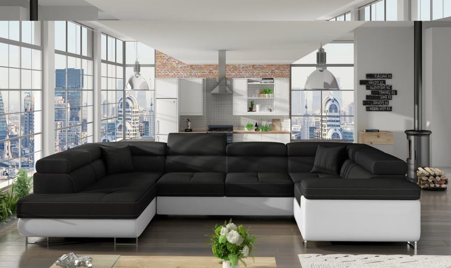 Design Ecksofa U-Form Sofa Couch Polster Schlafsofa Textil Bettfunktion Schlaf Sofort