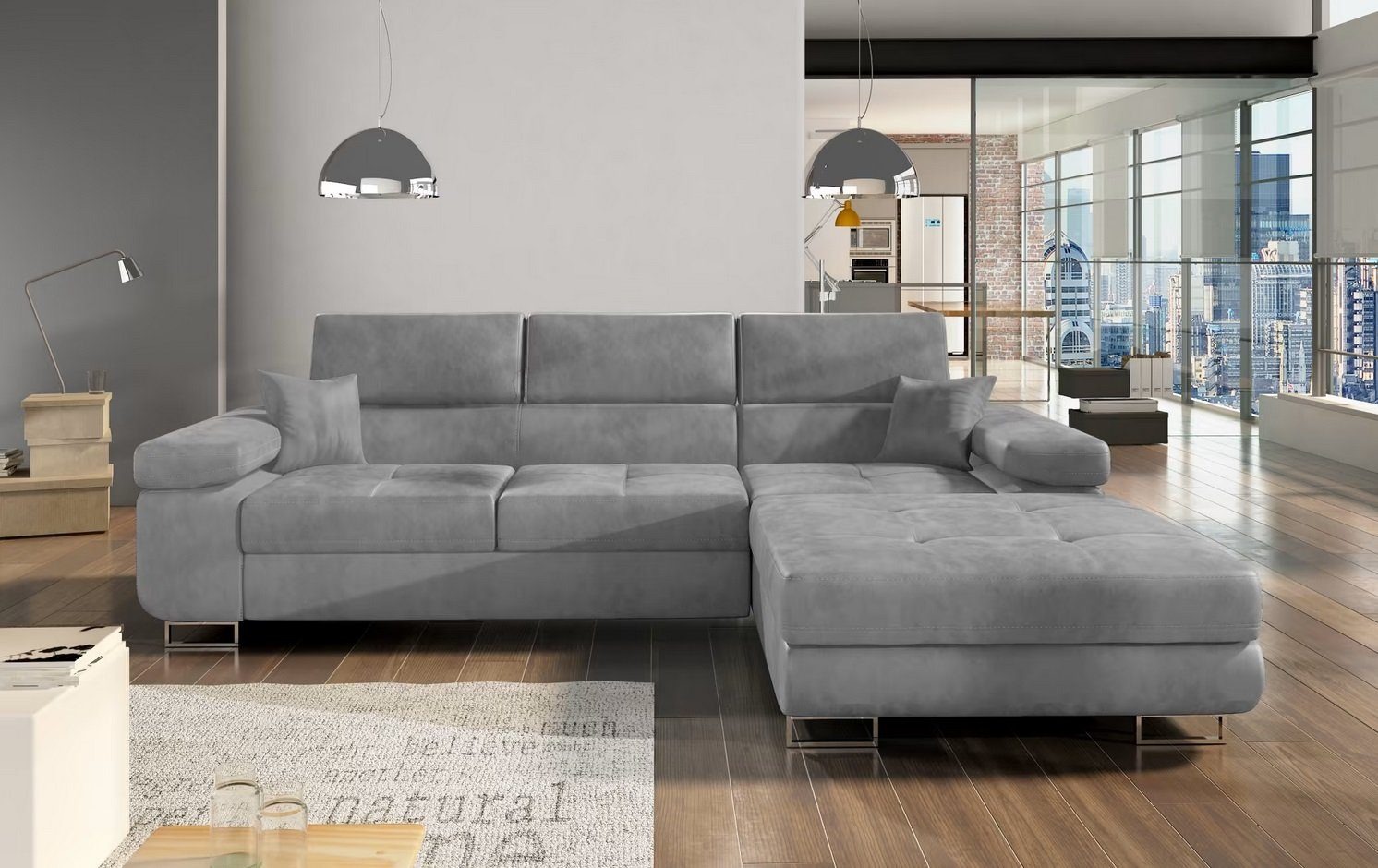 Ecksofa Bettfunktion Grau Stoff L-Form Sofa Couch Design Polster Modern Sofort
