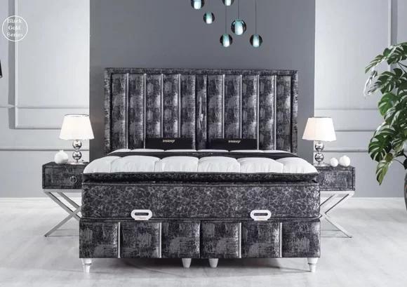 Schlafzimmer Set Schwarz Bett Design mit Matratze 2x Nachttische 3 tlg