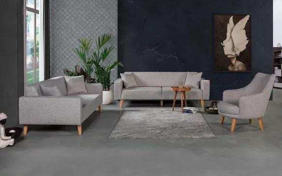 Sofa Garnitur 3+3+1 Sitz Couch Polster Sofas Sessel Design Holz Beige