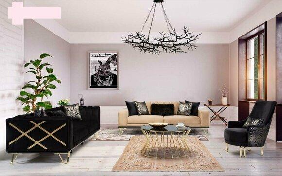 Sofagarnitur Schwarz Sofa 3+3+1 Sitzer Sessel Elegantes Metall Samt